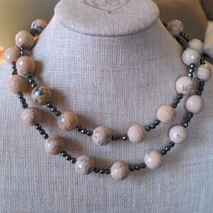 African Opal & Hematite necklace. 35", Faceted genuine gemstones. Sterling New